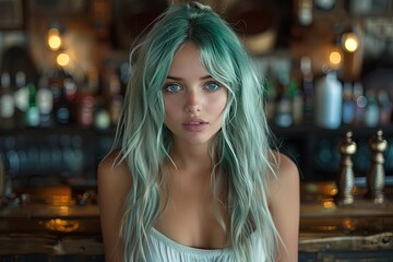 Enchanting Lagoon: Turquoise-Haired Beauty in White at the Magical Tavern