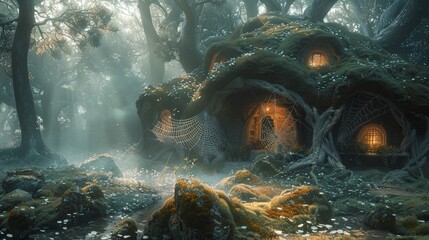 Enchanted forest hideaway at dawn