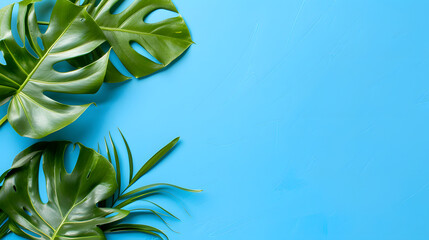 A monstera leaf on blue background, flat lay with copy space for text or design. Top view. Flat lay. Banner. summer concept