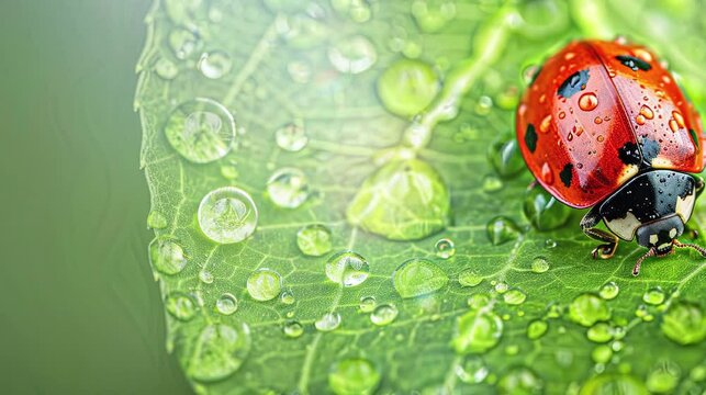Close up beautiful lady bug on the leaves with dew under the morning sunlight in the garden. Video background wallpaper for biological diversity world day and environmental world day.