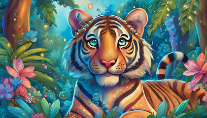 oil painting style Cartoon character Portrait of bengal tiger in jungle, 
