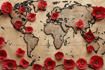 Poppies on a world map mark hisric battle locations, reflecting on Memorial Day.