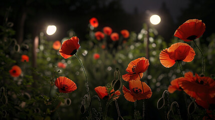 Evening tribute poppies shining bright, remembering the fallen.