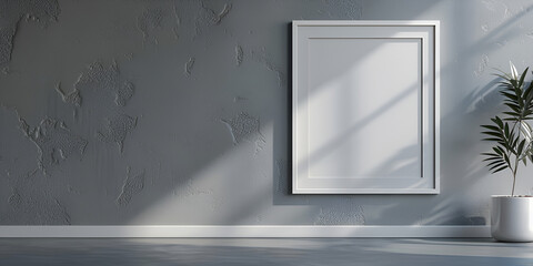 A white frame is against a grey wall with a shadow on it. 