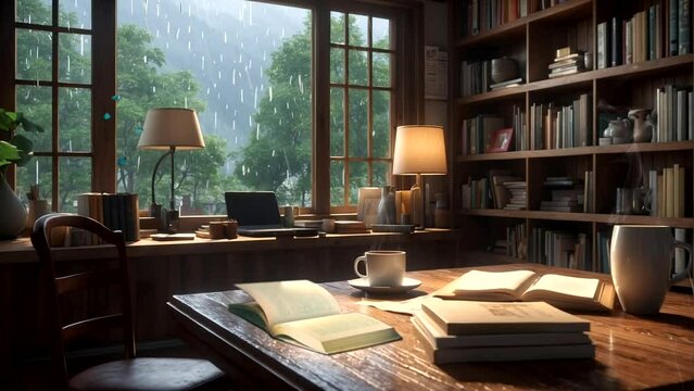 cup of hot coffee and book on wooden table, rainy day