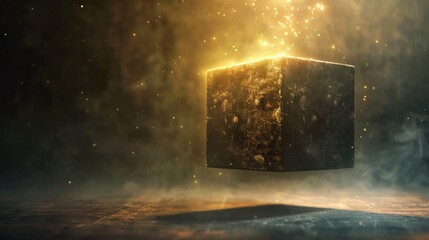 A Floating box, a confined dark concrete box, the box is floating high in the air, box is offset to the right side of the image, golden light and energy coming out of the top of th