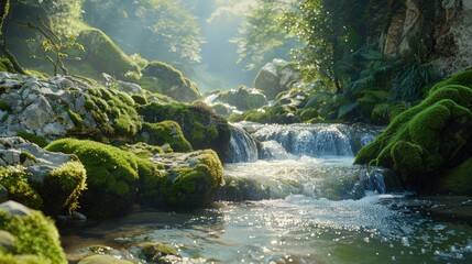 Moss covered rocks by a clear mountain stream