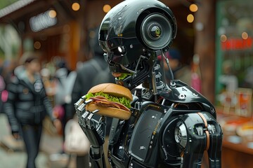 Fototapeta premium Mechanical Bot Munching on a Sandwich: Surrealistic Sci-Fi Digital Illustration in a Futuristic World