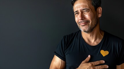  A tight shot of someone in a black garment, adorned with a yellow heart emblem on the chest against a dark backdrop
