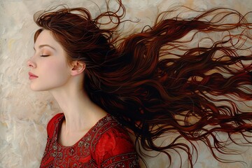 Vintage Red Outfit Singer: Detailed Soft Painting with Flowing Hair and Ornate Illustration
