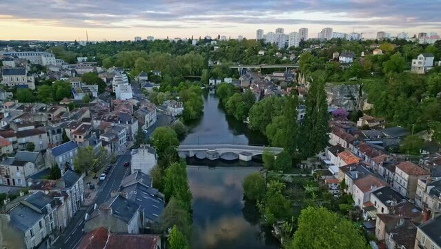 Pont Joubert bridge on Clain river at Poitiers in France. Aerial drone forward