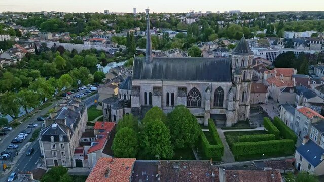 Church of Sainte-Radegonde, Poitiers in France. Aerial drone backward and cityscape