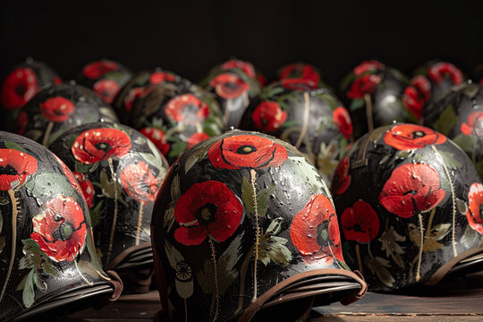 War helmets bear poppy paintings, each telling Memorial Day sries.