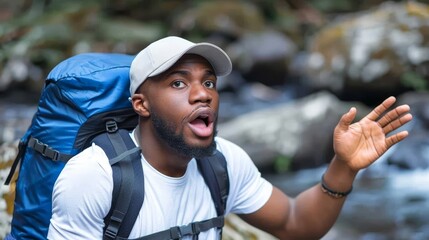  A man with a backpack, shocked expression, raises hands