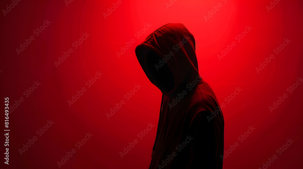 Poster Silhouette af man without face in hood on a red background Anonymous crime concept : Generative AI