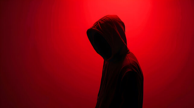 Silhouette af man without face in hood on a red background Anonymous crime concept : Generative AI