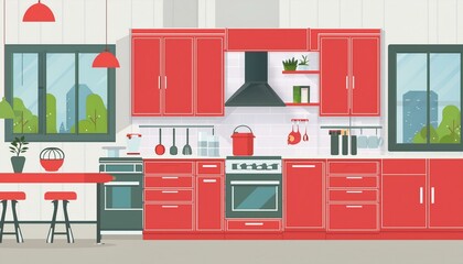Red modern kitchen. Vector look