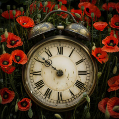 Poppies surround a timeless clock, representing moments of silence and remembrance on Memorial Day.