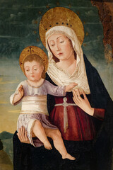 A painting of Madonna with the child. Tableau de la Vierge Marie et l'enfant Jésus. Italie