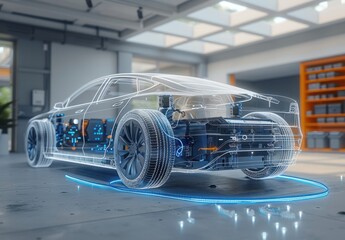 A car is shown in a futuristic setting with a blue and white design