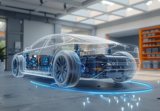 A car is shown in a futuristic setting with a blue and white design