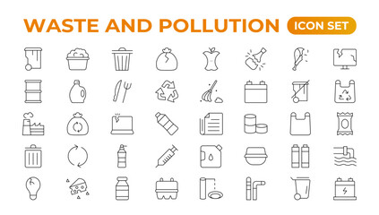 Climate change icon set. Containing global warming, greenhouse, melting ice, earth pollution and disaster icons. waste sorting, recycling. Linear collection. Outline collection set.