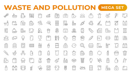 Climate change icon set. Containing global warming, greenhouse, melting ice, earth pollution and disaster icons. waste sorting, recycling. Linear collection. Outline collection set.