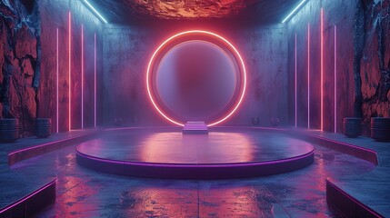 Podium background 3D light tech stage future platform game abstract. Podium 3D background technology room product circle glow effect portal stand studio scene white design ring modern display space
