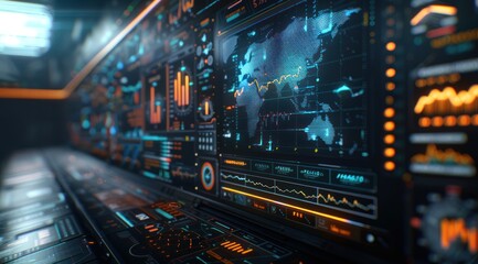 A computer monitor displays a map of the world with various data points