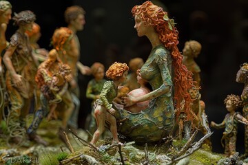 Giantess Embracing Child in Womb Within Miniature World