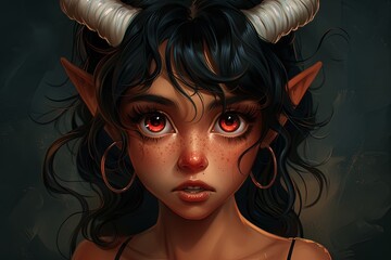 Red-Eyed Gothic Fantasy Character: Dark Skin, White Horns, Skintight Outfit