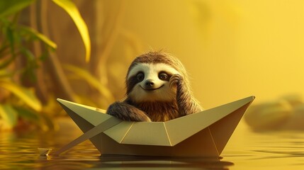 Naklejka premium Adorable sloth sitting in a paper boat on a calm water surface, surrounded by a golden yellow background.