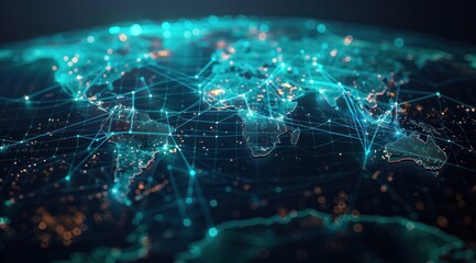 A blue and green globe with a network of lines connecting it