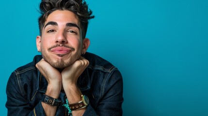 Obraz premium A man poses for a picture with his hands under his chin, chin rested on them