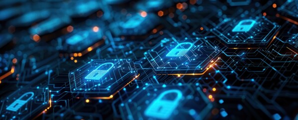 A close up of a computer screen with many blue and orange security icons
