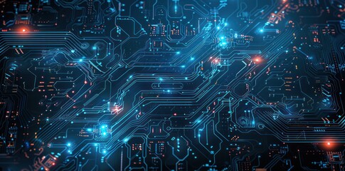 Fototapeta premium A computer chip with many blue and orange lights