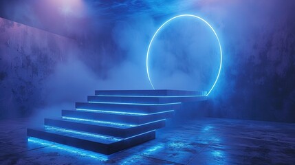 Podium background 3D light tech stage future platform game abstract. Podium 3D background technology room product circle glow effect portal stand studio scene white design ring modern display space