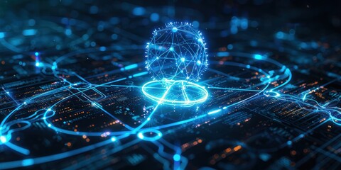 A blue and orange computer screen with a glowing sphere in the middle