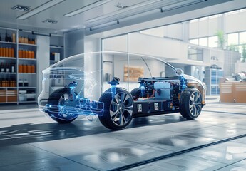 A car is on display in a showroom with a futuristic design