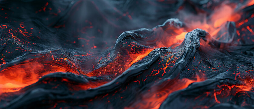 A closeup view of flowing red and black materials that mimic the intense dynamics of a volcanic eruption, captured in a hyperrealistic photography style