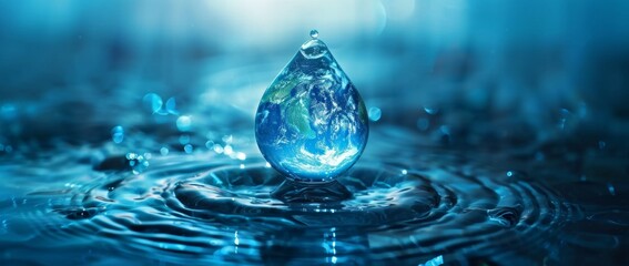 A water drop with the Earth inside, symbolizing global environmental protection and World Water Day concept.
