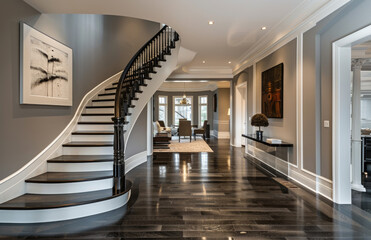A classic home with an elegant curved staircase, featuring white balustrades and dark wood steps...