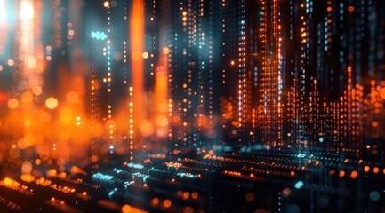 A colorful, abstract image of a cityscape with bright orange and blue lights