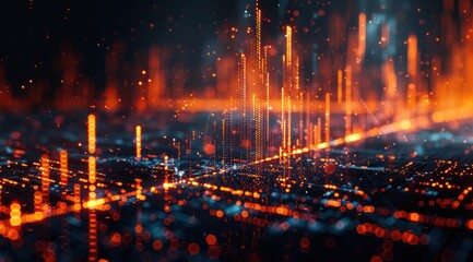 A computer generated image of a cityscape with orange and blue lights