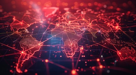 A red and blue map with many lines and dots