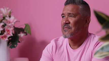Fototapeta premium A man in a pink T-shirt sits before a pink wall, a vase of pink flowers nearby