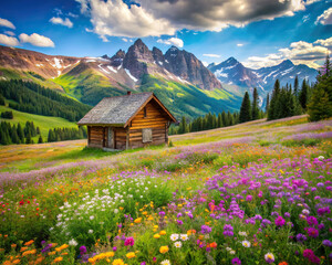 A lone cabin nestled amidst a vibrant alpine meadow blanketed with wildflowers in bloom, offering a peaceful retreat amid the beauty of nature.