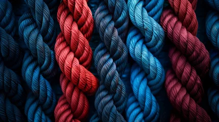 A striking arrangement of nautical ropes in a spectrum of colors, including deep blue and fiery red, coiled and knotted on a shadowed surface, showcasing the ropes texture in a detailed sketch style