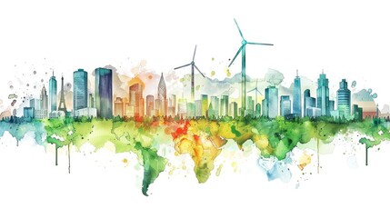 Obraz premium A city skyline with a wind turbine in the middle