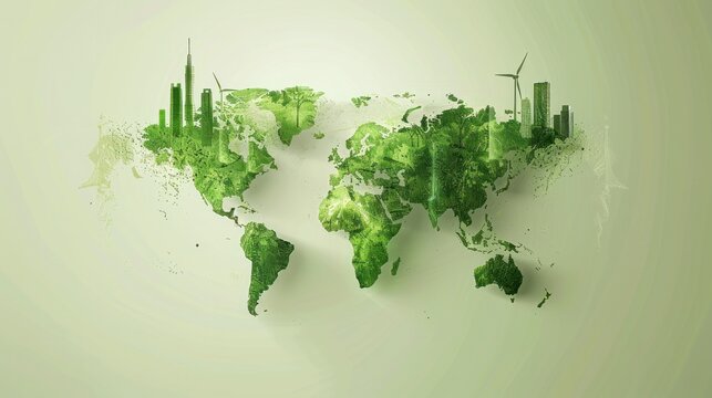 A green world map with cities and windmills